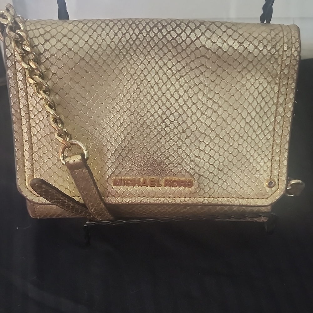 Michael Kors Gold Snake-Embossed Hayes Small Clutch Leather Crossbody